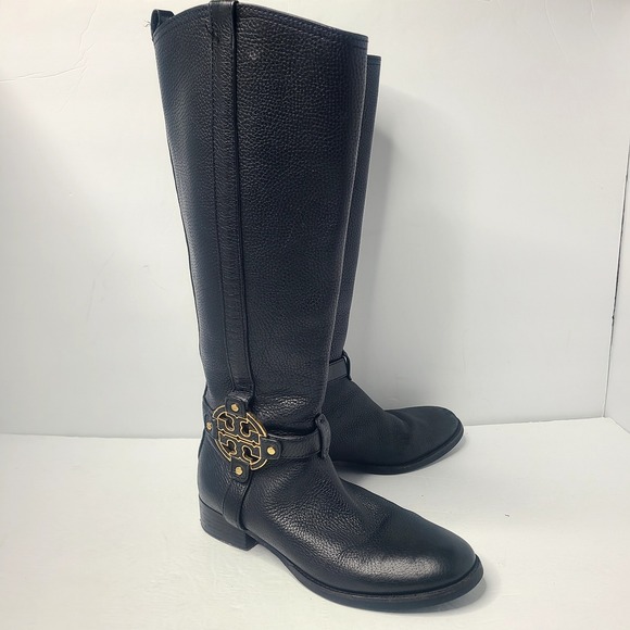 Tory Burch Amanda Medallion Riding Equestrian Tall Leather Boots 8.5 M Black